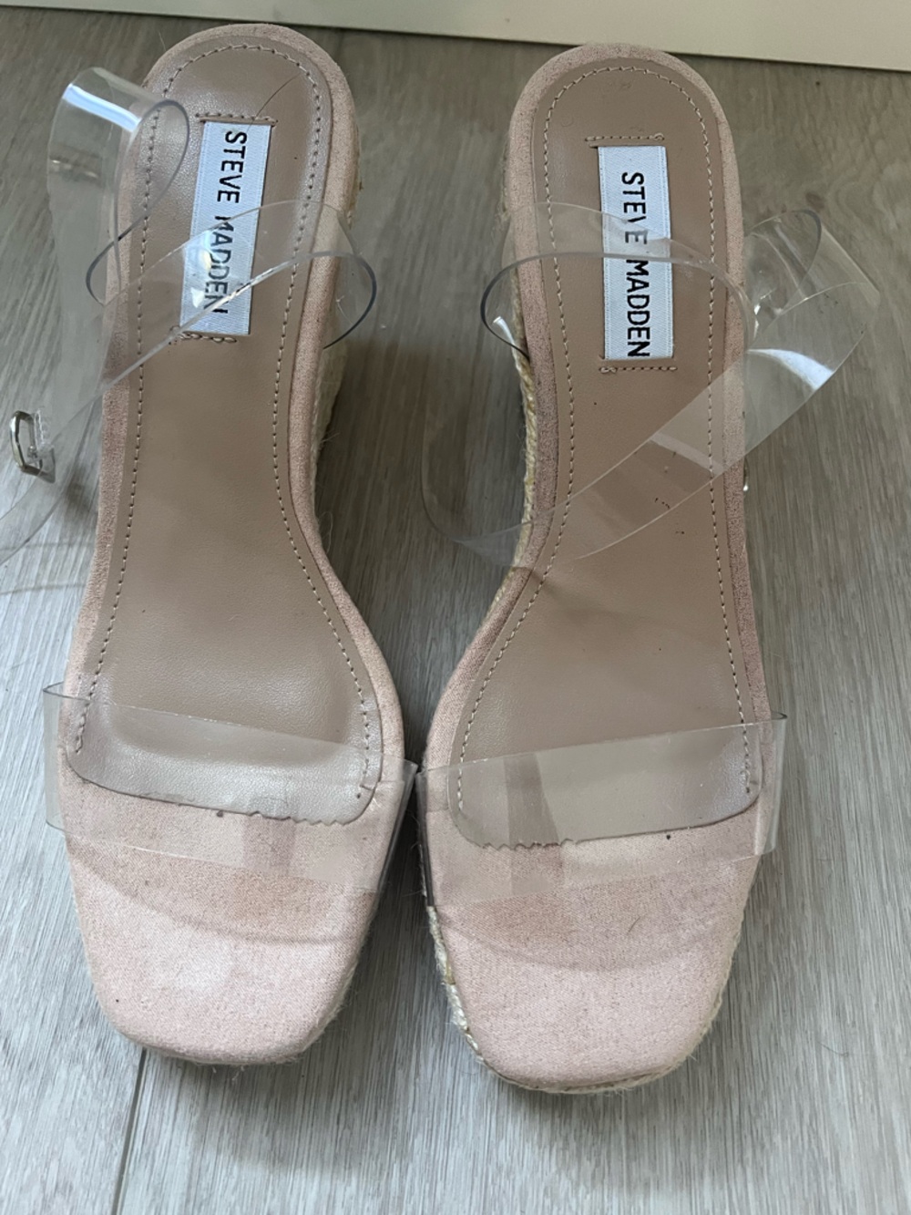 Steve Madden Blush Suede & Clear Strap Block Heel Mules/Wedge